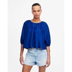 MADEWELL Shirred Puff-Sleeve Top XS Sapphire Blue Cotton-Silk Voile NWT B17